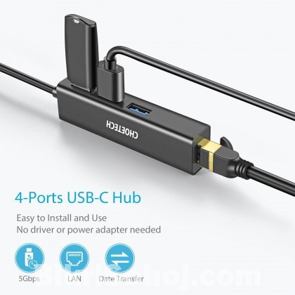 TEOKEOO USB-C Adapter with 3-Port USB 3.0 & Gigabit Port
